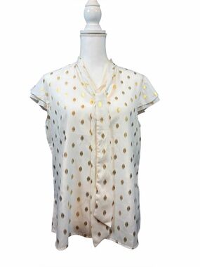 Women’s Translucent Cream Polka Dot Tie-Neck Blouse with Gold Accents Size XL